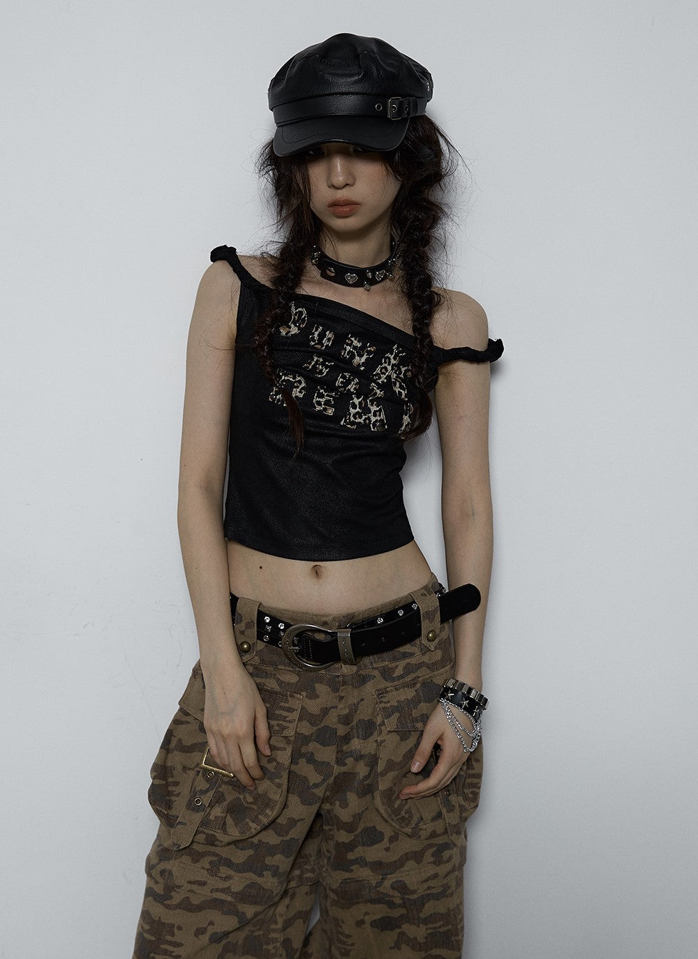 Retro Dark Leopard Print Stitching Sleeveless Rolled Hem T-shirt NOR0058