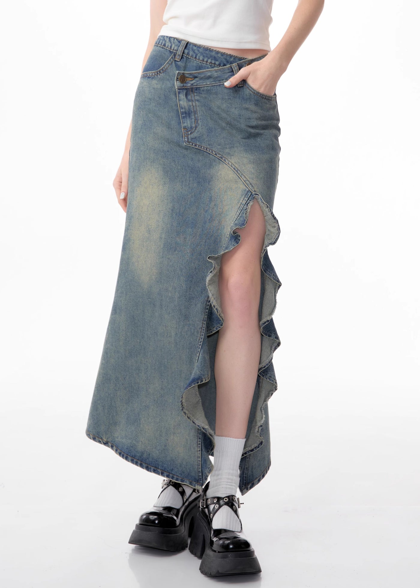 American Retro High Waist Slim Mid-length Split Denim Skirt ZIZ0082