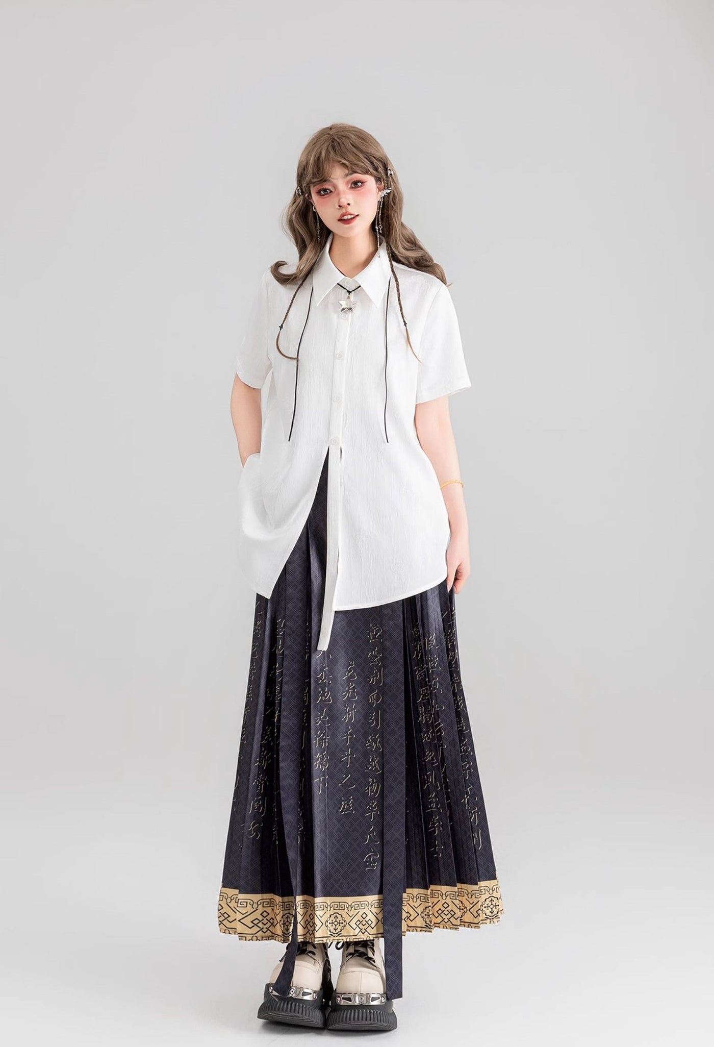 Chinese Character Printing Pleated Long Skirt KEI0069