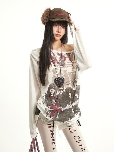 Retro Print Oblique Shoulder T-shirt UNC0289