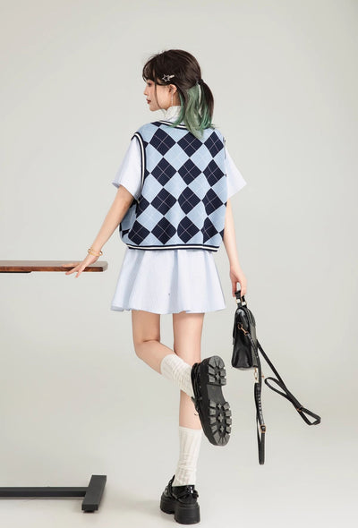 Blue Striped Short-sleeved Pleated Shirt Dress KEI0126