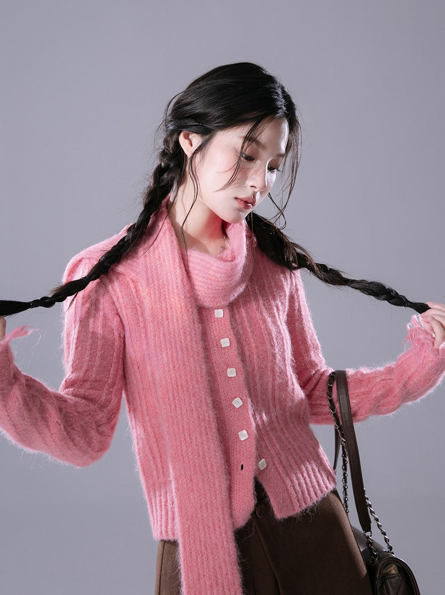 Milk Mist Blue And Sunset Pink Tassel Small Fragrance Wool Cardigan COT0169