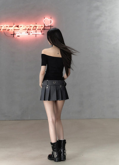 All-match Slim Casual Pleated Short Skirt/Belt VIA0130