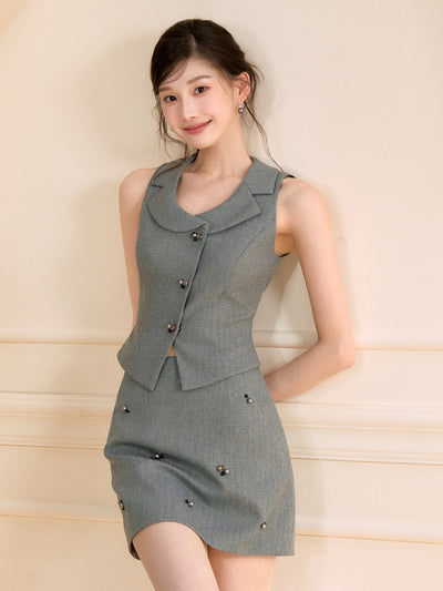 Pearl Gray Suit Vest/Skirt OSH0130