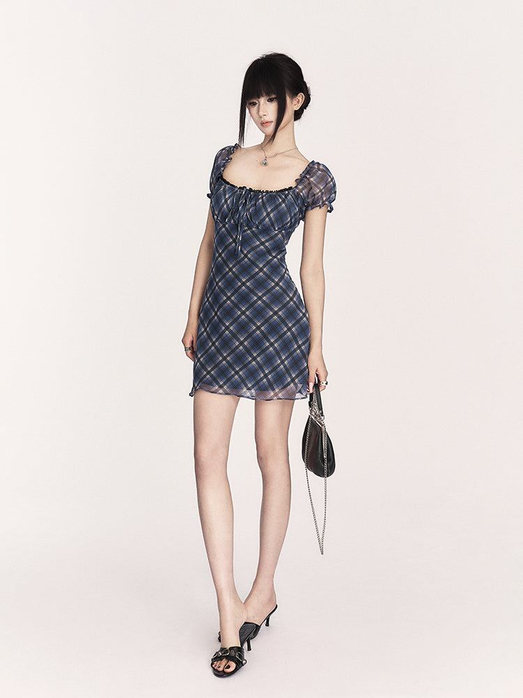 Plaid Puff Sleeve Slimming Dress VOC0402
