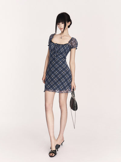 Plaid Puff Sleeve Slimming Dress VOC0402