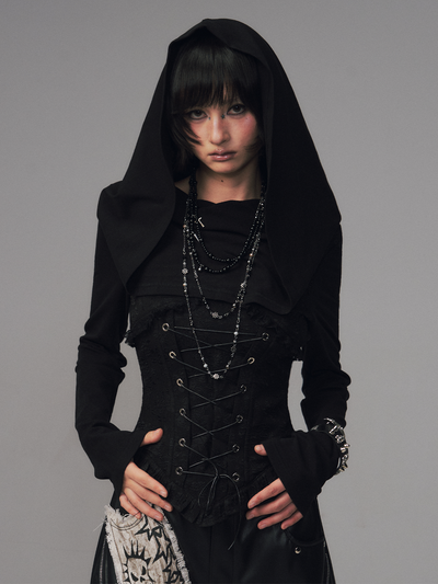 Dark Collar Hooded Patchwork Jacquard Top FRU0121