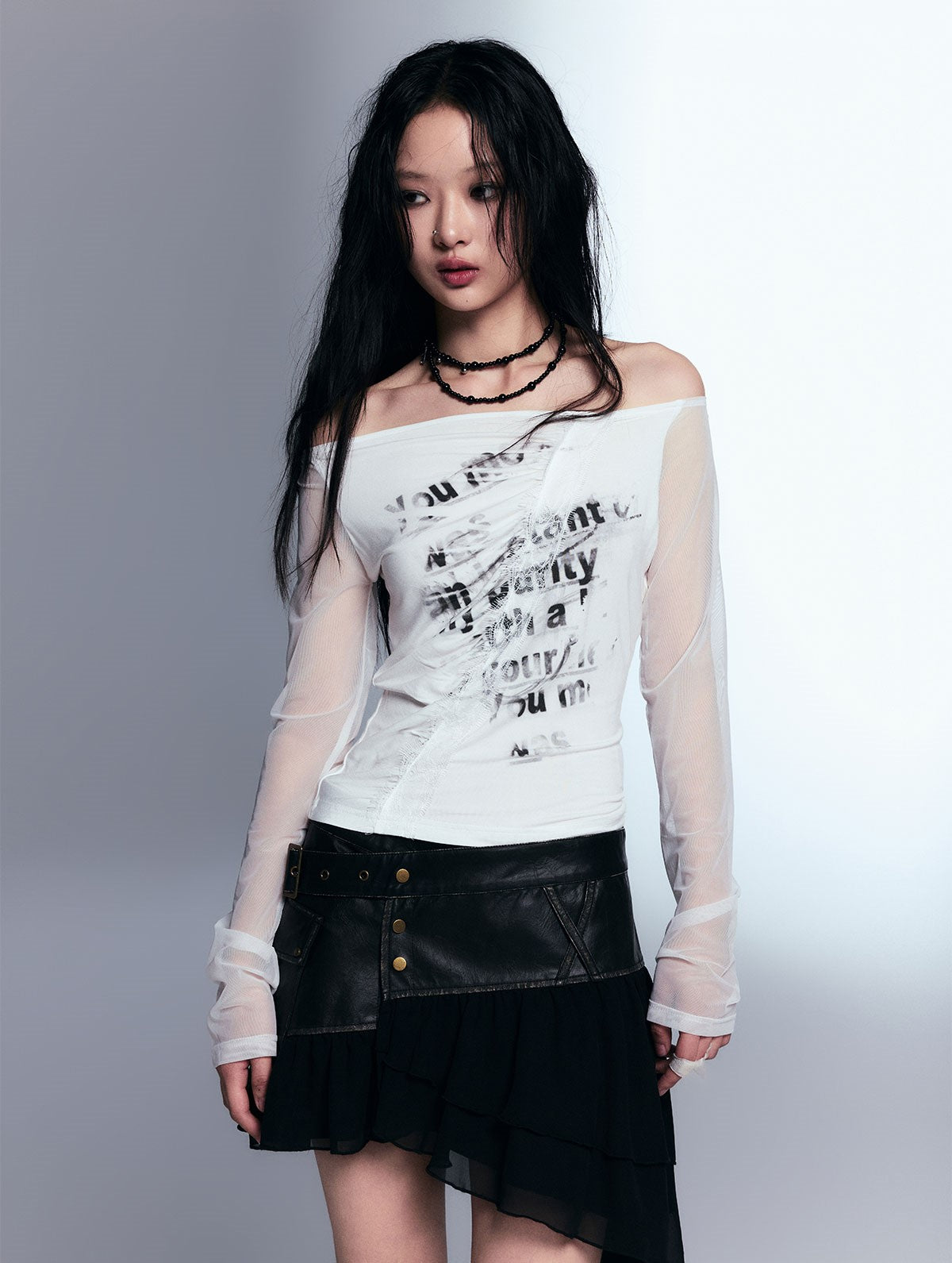Punk Print Lace Pleated Mesh Long-sleeved T-shirt CES0060