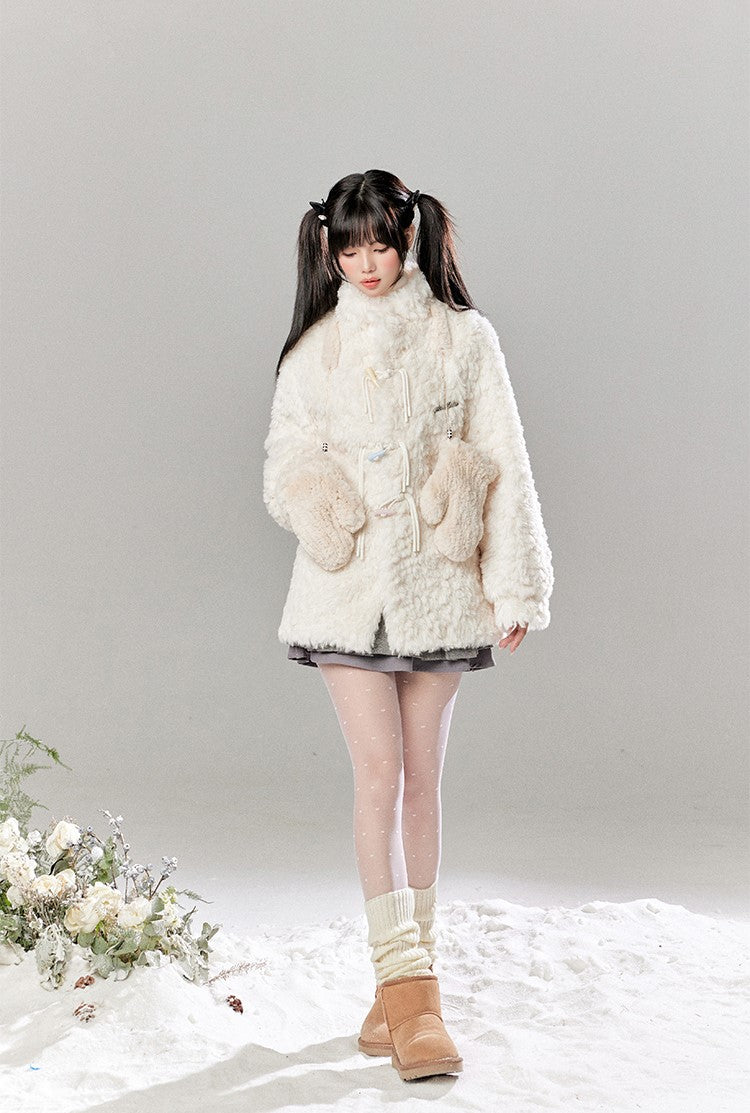 Colorful Horn Button Furry Lambswool Coat/Pleated Skirt TBI0043