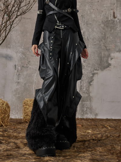 Punk Rock Three-Dimensional Large Pocket Furry Wide-leg Leather Pants FRU0074