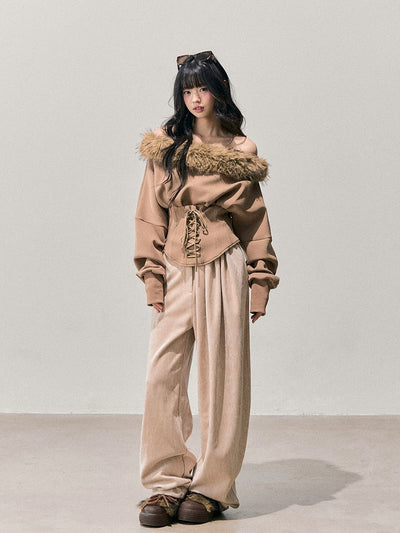 Fur Off-Shoulder Lace-up Waist T-Shirt DIA0744