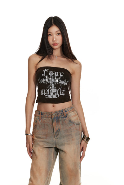 Cross Pleated Lazy Casual Top/Letter Print Tube Top 4MU0057