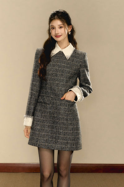 Check Wool Small Fragrance Waist Slim A-line Dress OSH0094