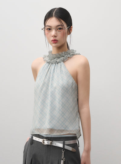 Lace Plaid Half High Neck Top LAL0175