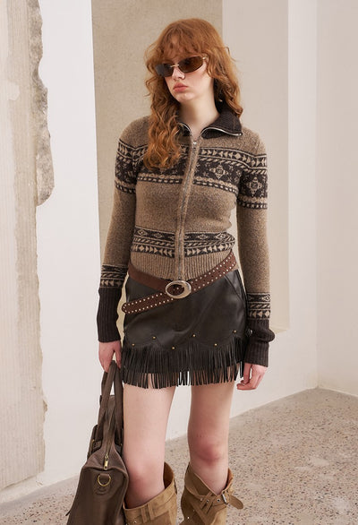 Zipper Isle Jacquard Knitted Cardigan DID0218
