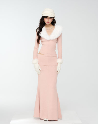 Detachable Fur Collar Sweater/Fishtail Skirt 4MU0171