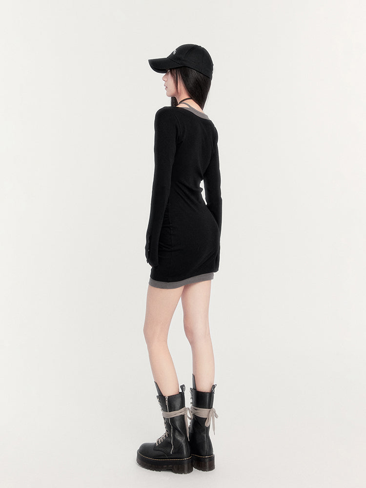 Black And Gray Fake Two-piece Fleece Bottoming Dress VOC0290