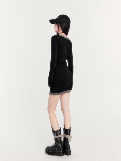 Black And Gray Fake Two-piece Fleece Bottoming Dress VOC0290