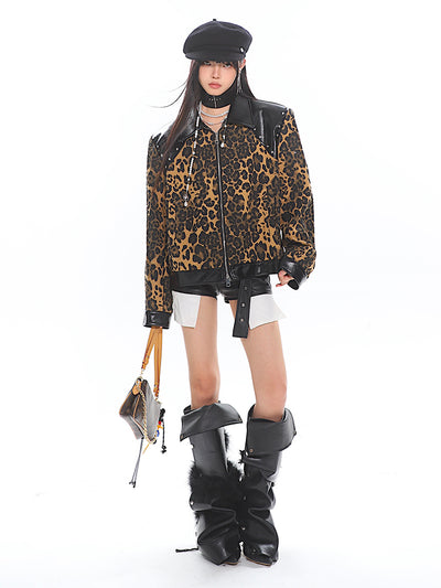 Wild Leopard Design Leather Lapel Zipper Jacket UNC0189