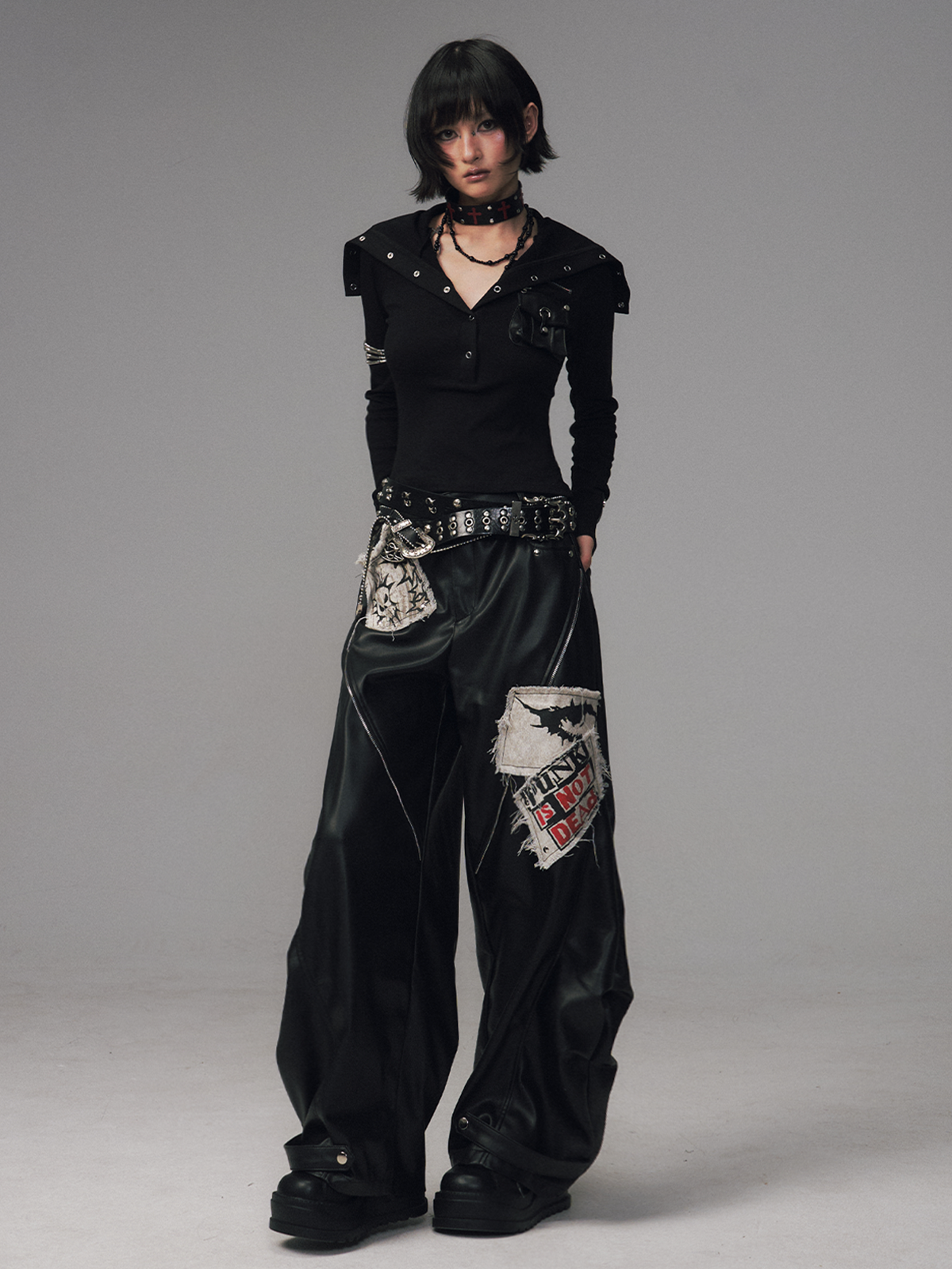 Punk Rock Zipper Split Print Leather Pants FRU0122