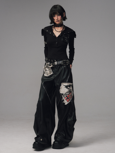 Punk Rock Zipper Split Print Leather Pants FRU0122