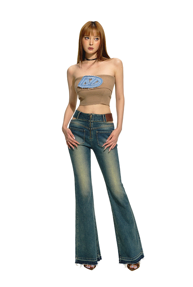 Tight Brushed Silver Denim Embroidered Knit Short Tube Top NOT0193