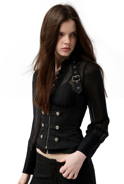 Ruffled V-neck Shirt/Lace-up Vest 4MU0150