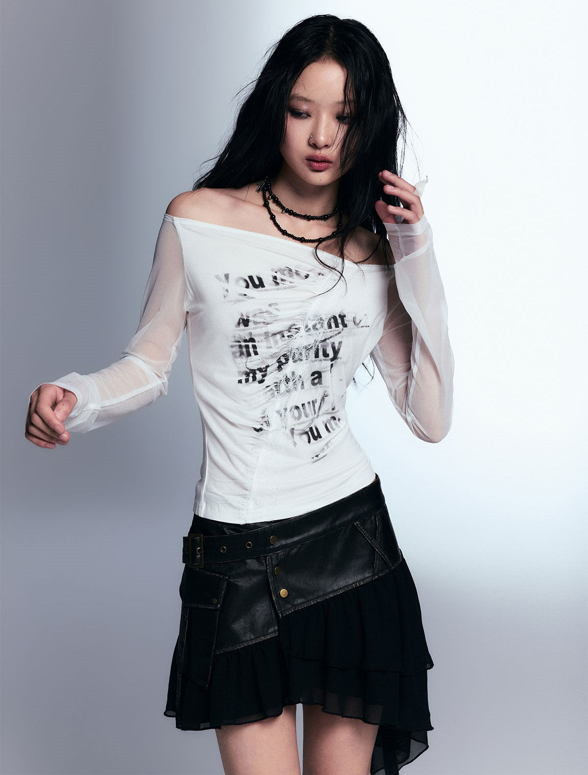 Punk Print Lace Pleated Mesh Long-sleeved T-shirt CES0060