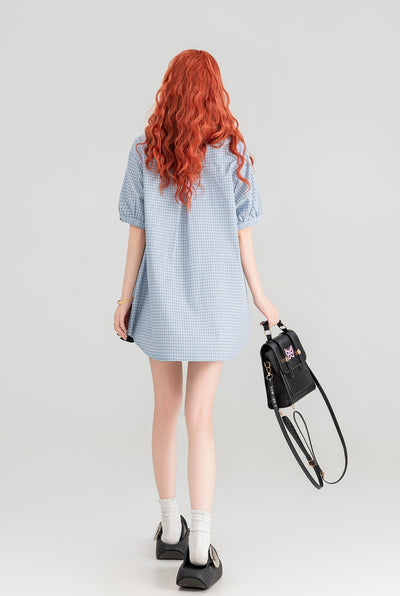 Blue Plaid Short-sleeved Shirt/Pleated Skirt/Black Tie KEI0091