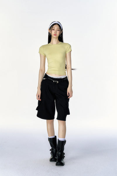 Cut-out Design Slim Base Short Sleeve T-shirt CUR0095