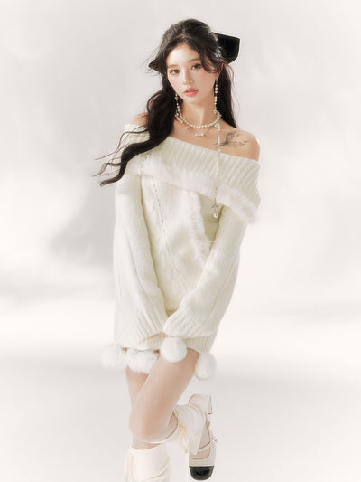 Off-shoulder Plush Fur Knitted Sweater BBB0102