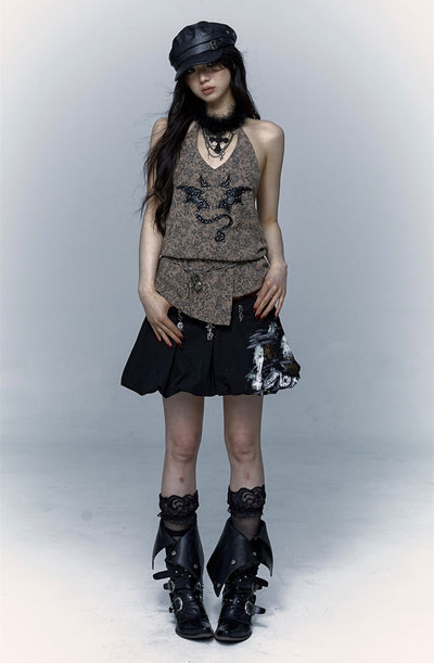 Punk Street Rock Embroidery Leopard Print Halter Vest NOR0067