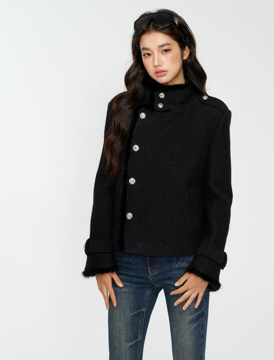 Black Furry High-Neck Short Jacket/Scarf 4MU0165