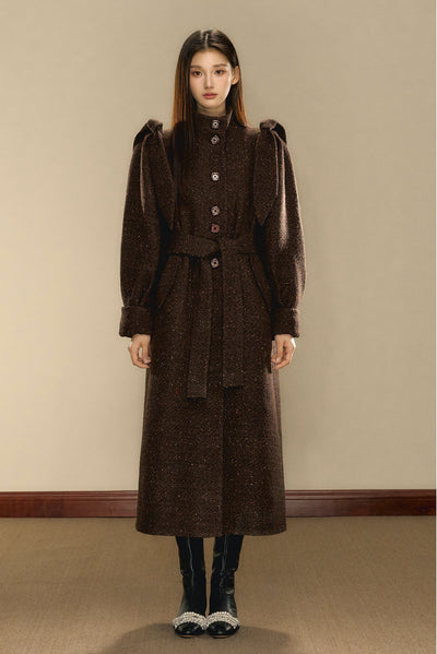 Chocolate Brown Tweed Long Over-the-Knee Wool Coat OSH0103