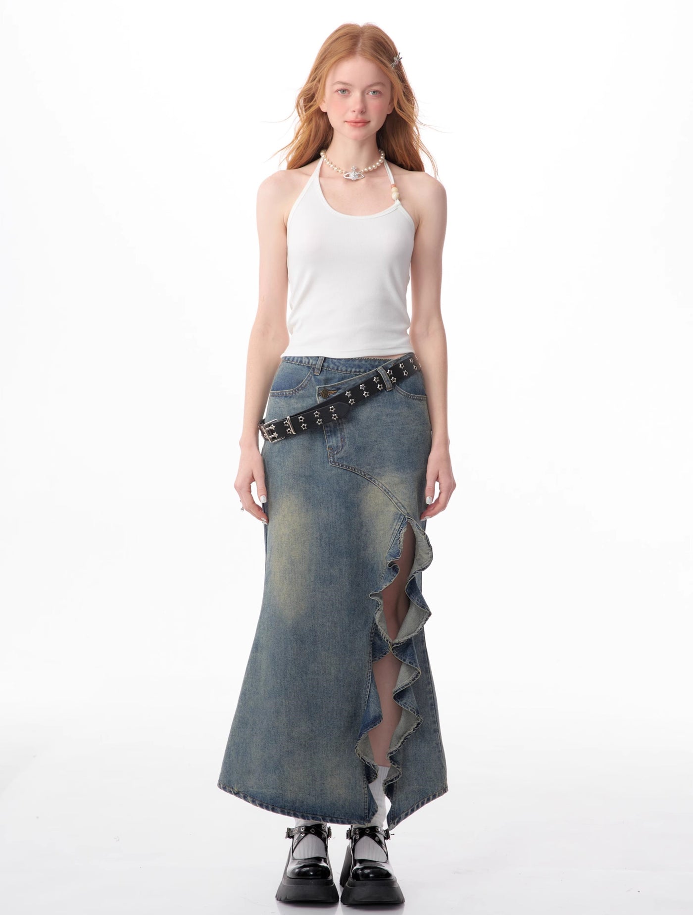 American Retro High Waist Slim Mid-length Split Denim Skirt ZIZ0082