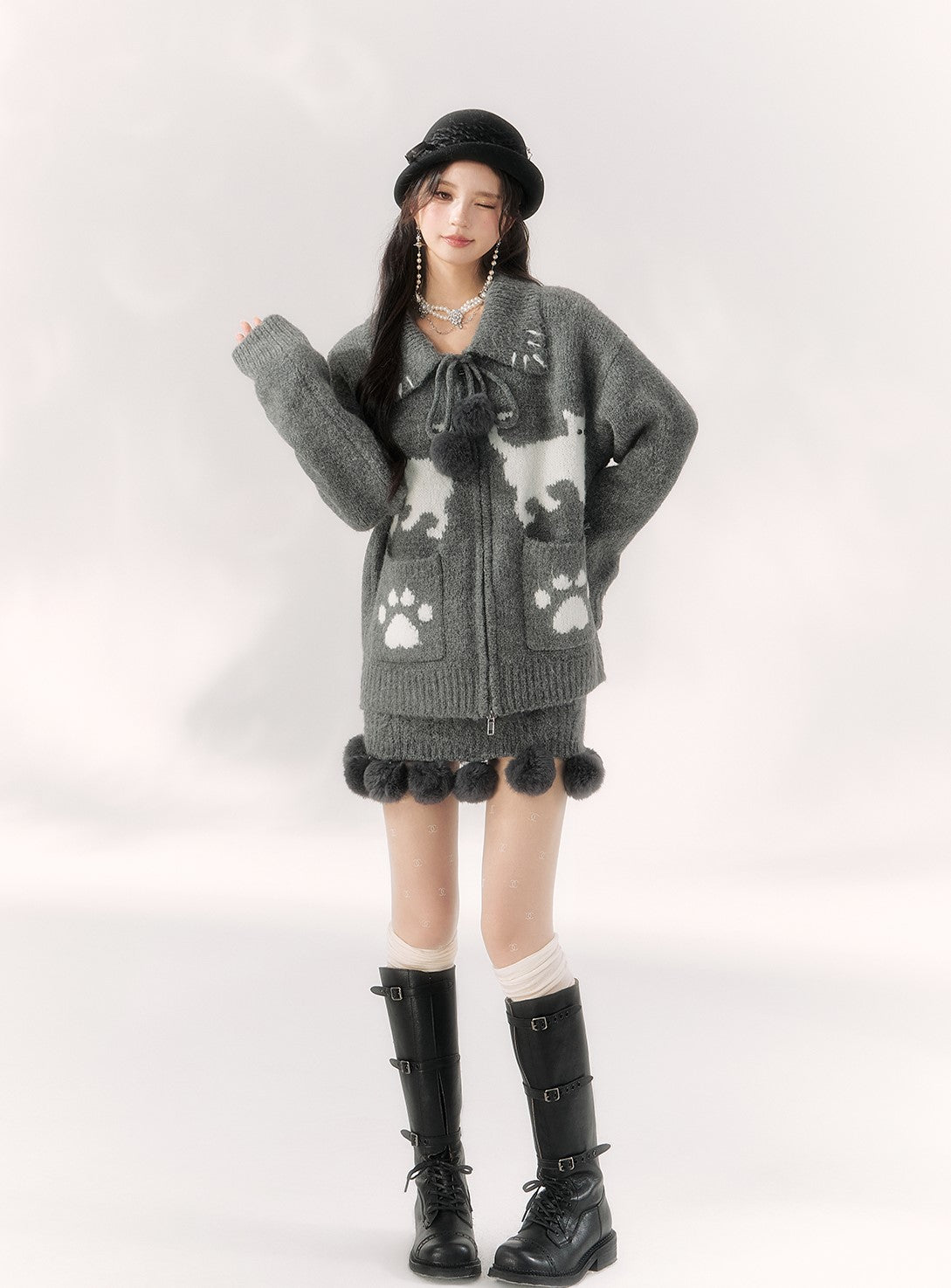 Cat Designe Ball Decorated Sweater Cardigan/Skirt BBB0100