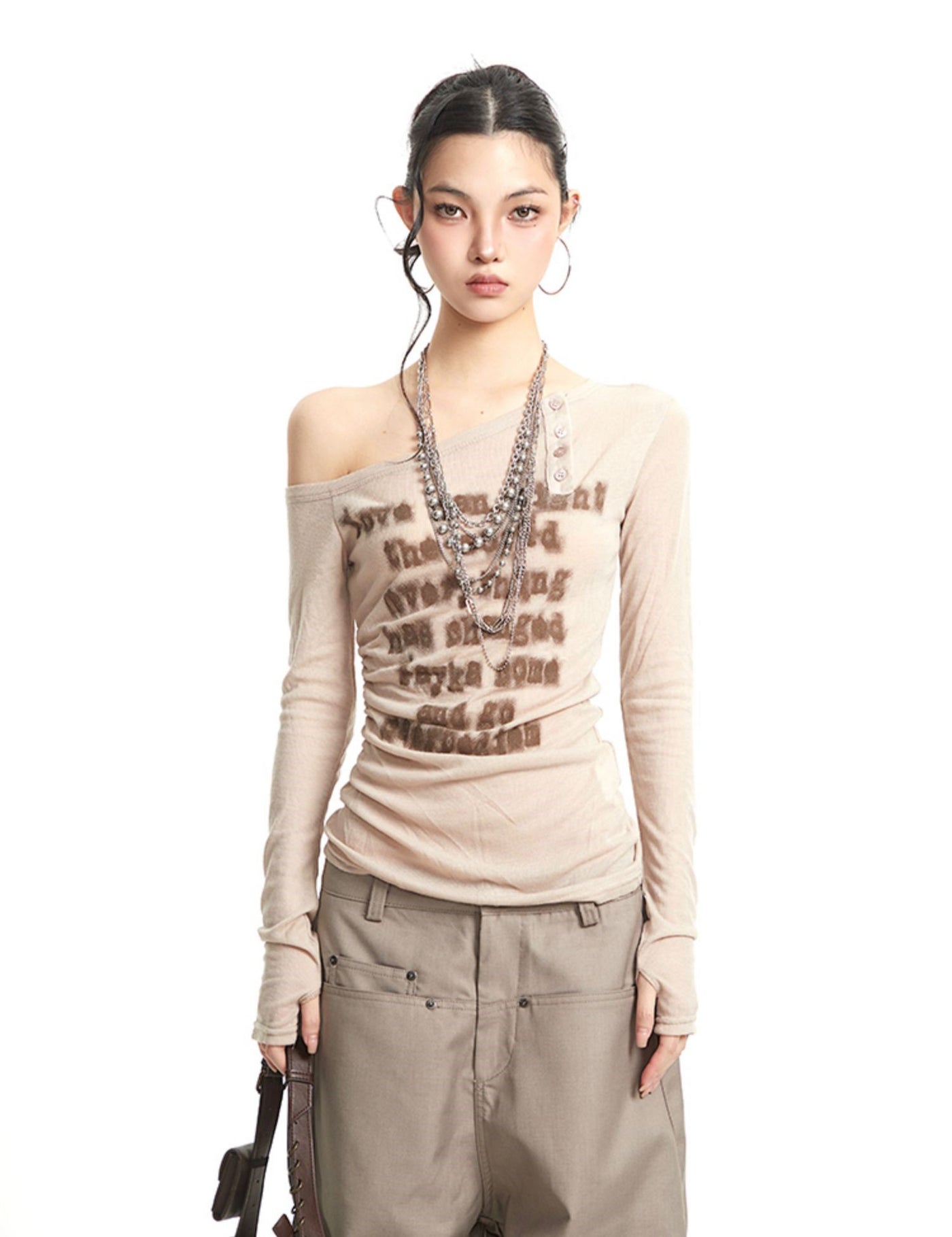 One Shoulder Letter Print T-shirt UNC0263