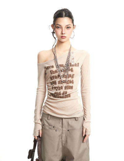 One Shoulder Letter Print T-shirt UNC0263