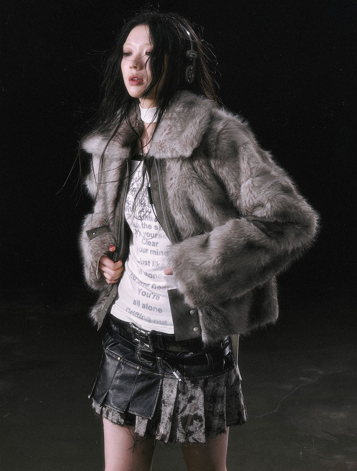 Smudged Leather Eco-friendly Fur Lapel Detachable Hem Coat CES0114