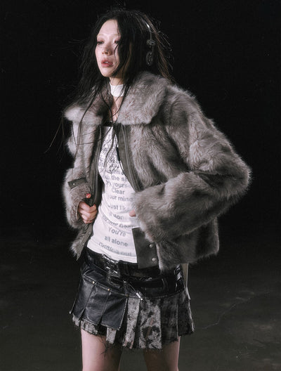 Smudged Leather Eco-friendly Fur Lapel Detachable Hem Coat CES0114