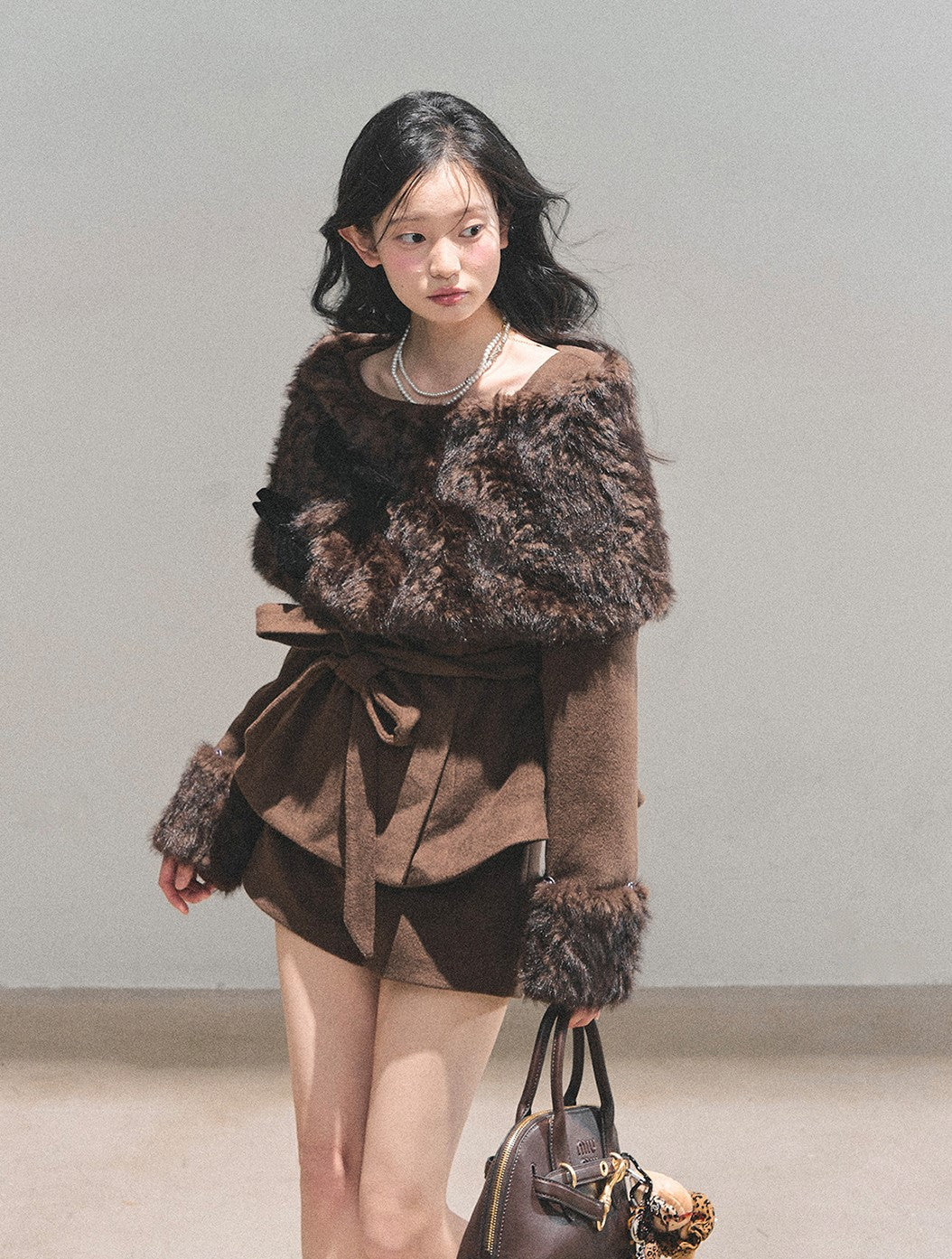 Detachable Cuffs Quilted Jacket/Ribbon Shawl/Shorts DIA0729