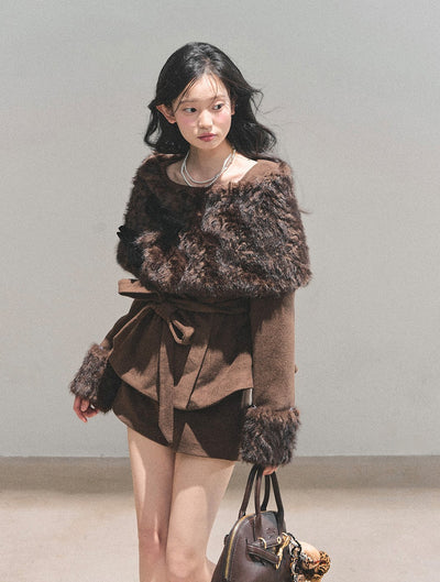 Detachable Cuffs Quilted Jacket/Ribbon Shawl/Shorts DIA0729