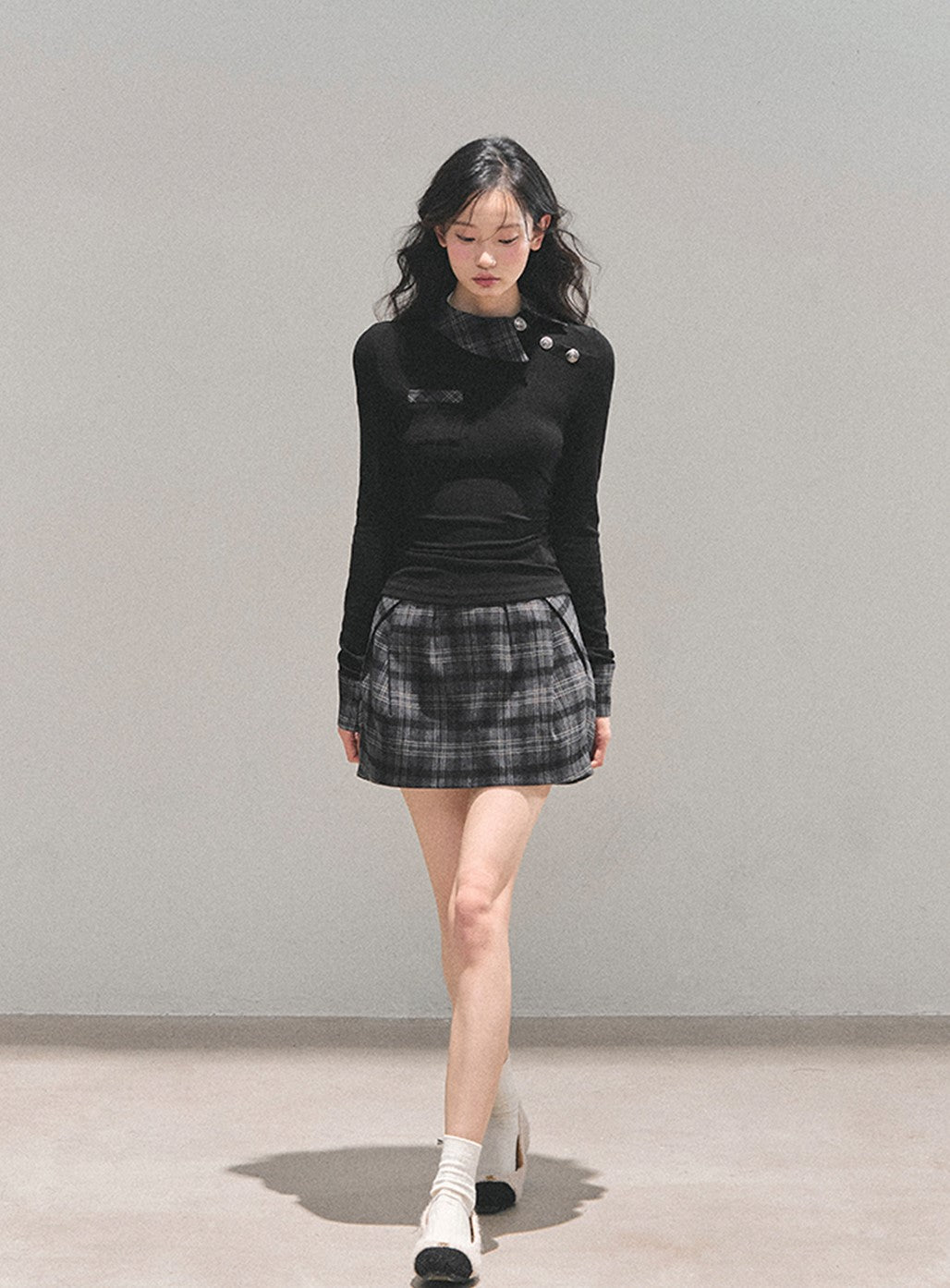 Black Plaid Collar Top/Plaid Short Skirt DIA0757