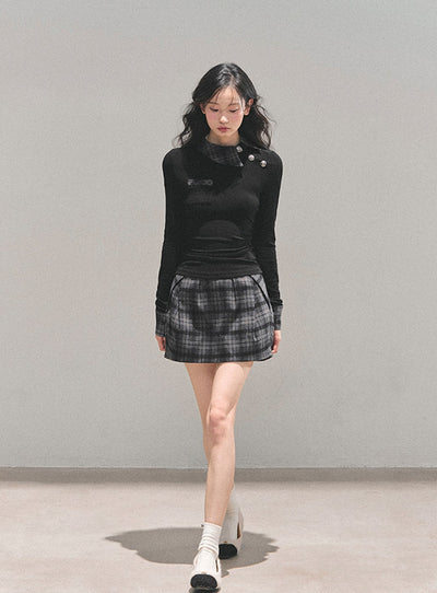 Black Plaid Collar Top/Plaid Short Skirt DIA0757