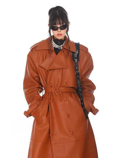 High-end Niche Silhouette Leather Long Coat UNC0154