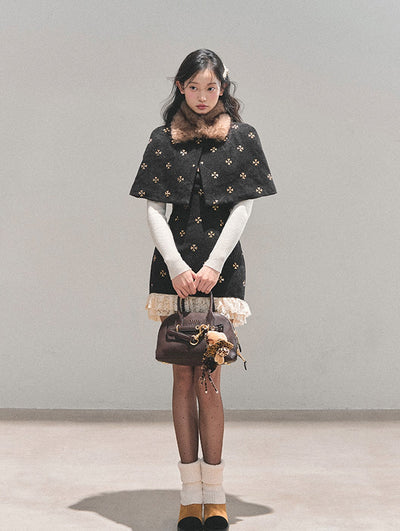 Sequins Design Dress/Detachable Fur Collar Cape DIA0750
