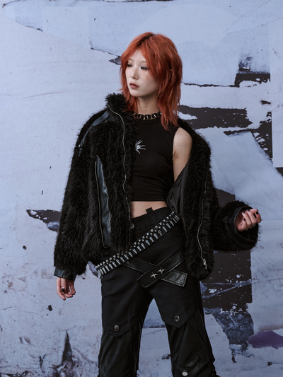 Patchwork Street Metal Punk Rivet Fur Jacket FRU0043