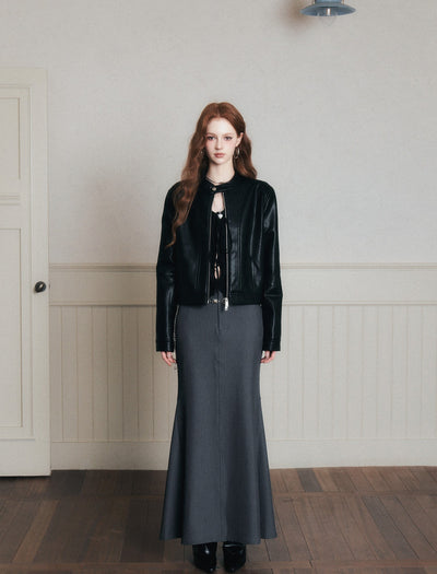 Stand Collar Black Leather Jacket LUL0173