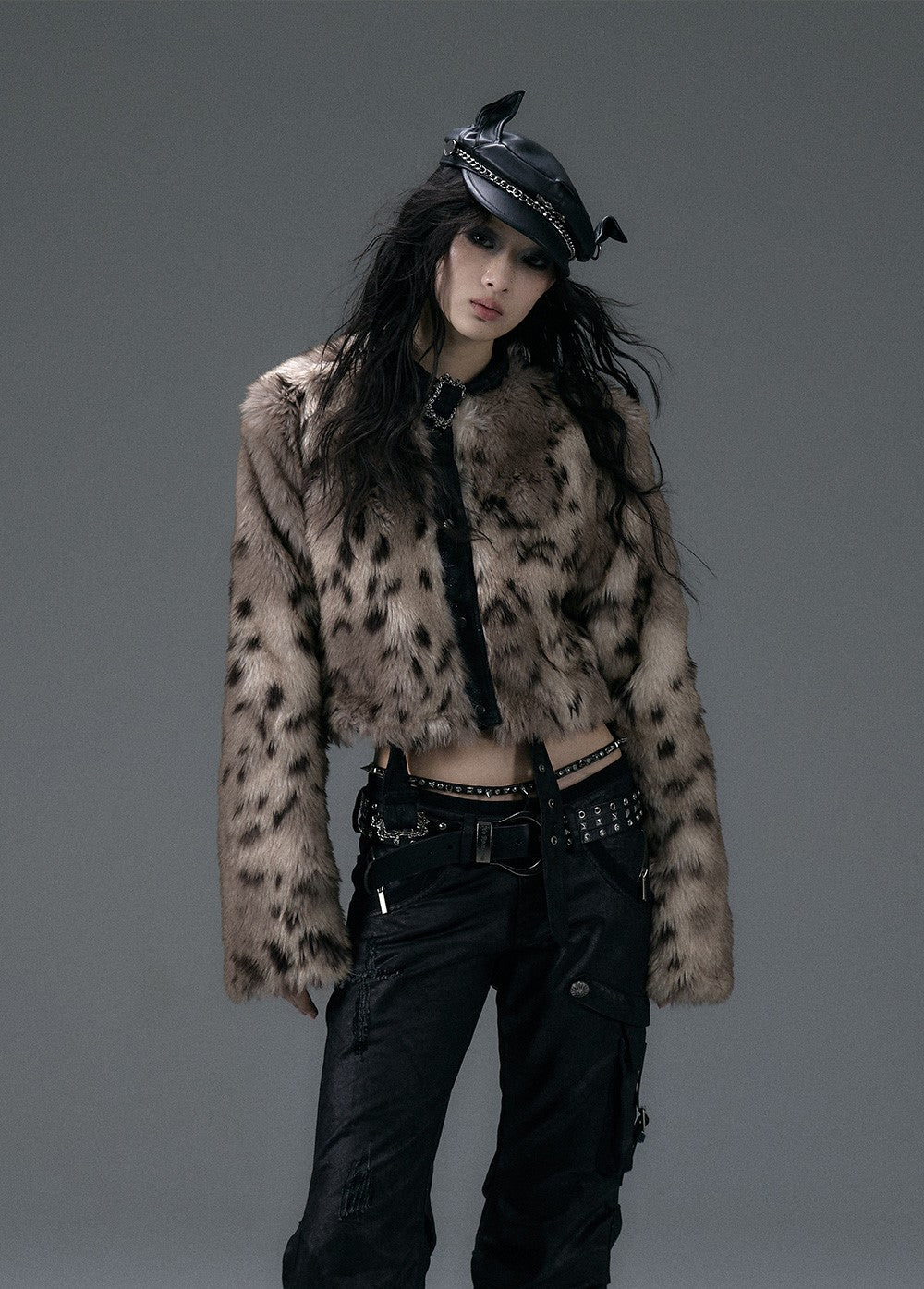 Dark Punk Leopard Print Two-sided Suede Short Jacket NOR0133