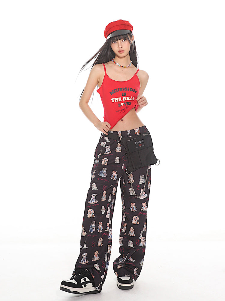 Cat Letter Floral Loose Straight Casual Pants UNC0125